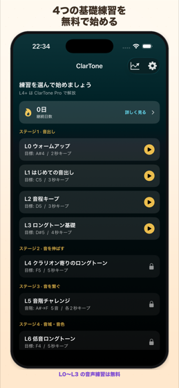 ClarToneのホーム画面。L0〜L3の音出し練習と ClarTone Pro の案内